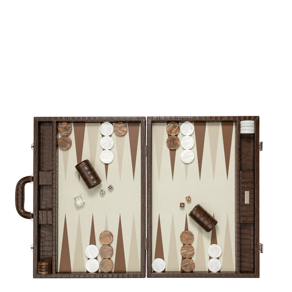 Dark Brown Crocodile <br> Backgammon Set with Handle <br> (L 52 x W 36) cm