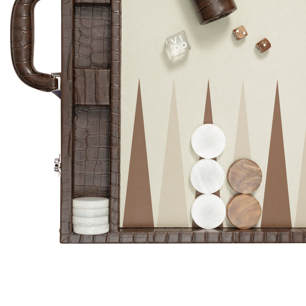 Dark Brown Crocodile <br> Backgammon Set with Handle <br> (L 52 x W 36) cm