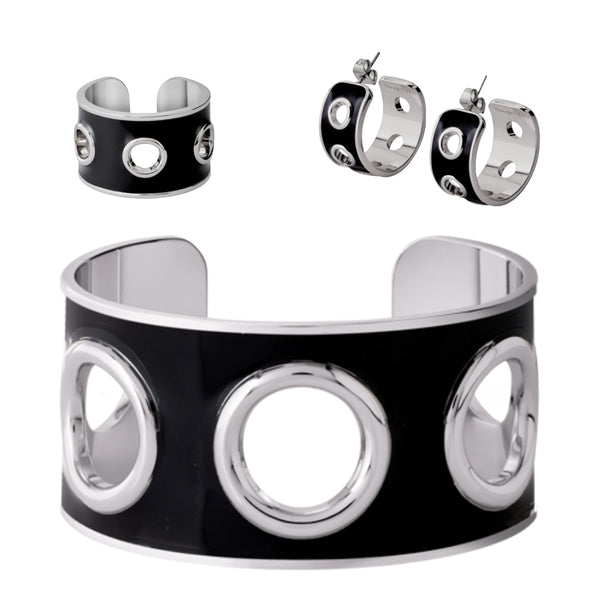 Eyelet Cuff, Ring & Earrings <br> Silver/Black <br> Set of 3