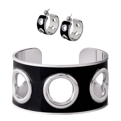 Eyelet Cuff & Earrings <br> Silver/Black <br> Set of 2