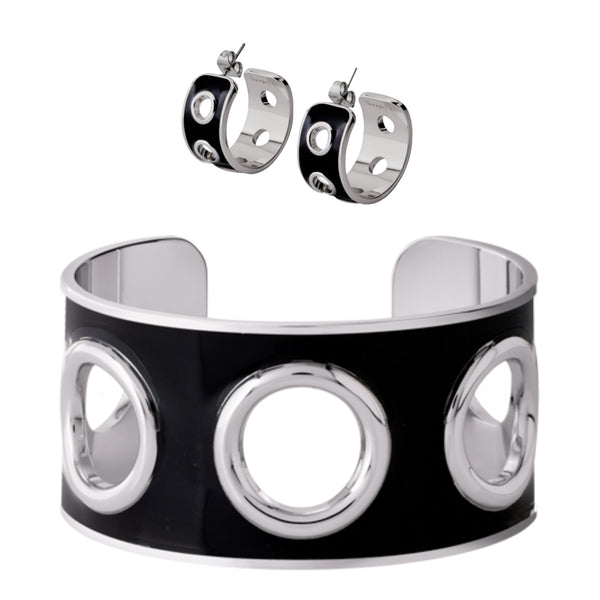 Eyelet Cuff & Earrings <br> Silver/Black <br> Set of 2
