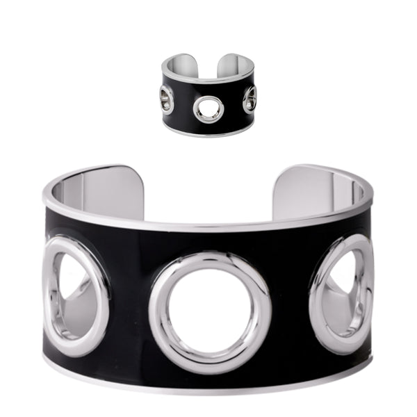Eyelet Cuff & Ring <br> Silver/Black <br> Set of 2