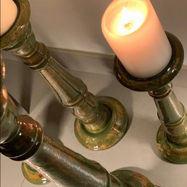 Green Wooden Candleholder <br> Set of 3