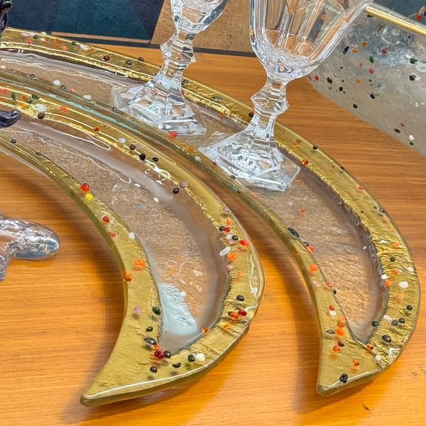 Moon Platter <br> Clear with Multicolor Dots and Gold Rim <br> Set of 2