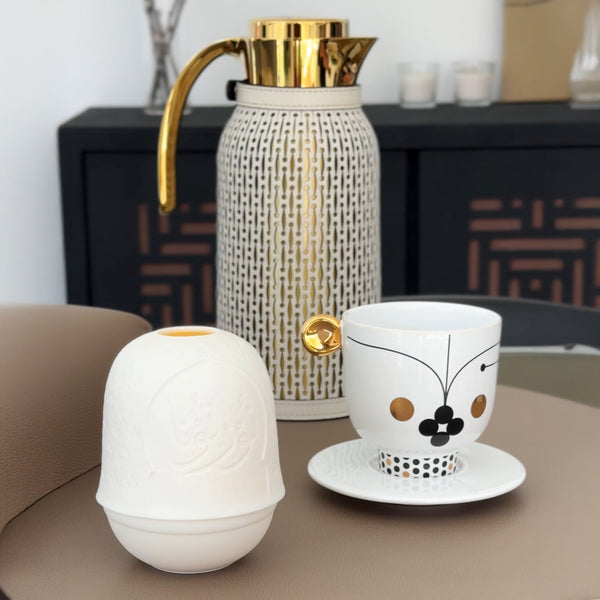 Diana Carafe with Leather Cover <br> Shiny Gold / Cream <br> 1.5 Liters