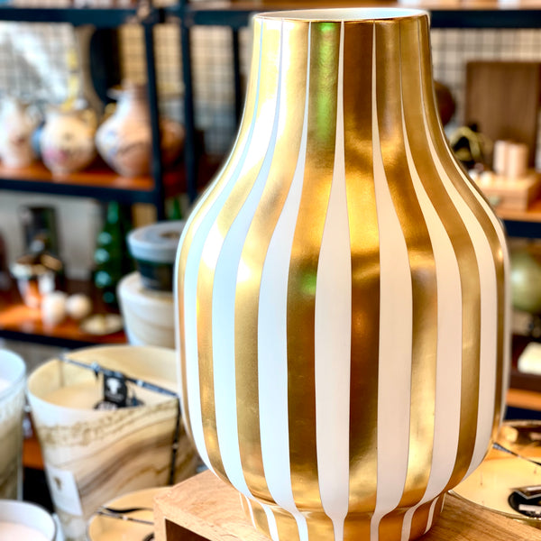 Strypy Vase <br> White with Matt Gold Lines <br> (Ø 33 x H 48) cm