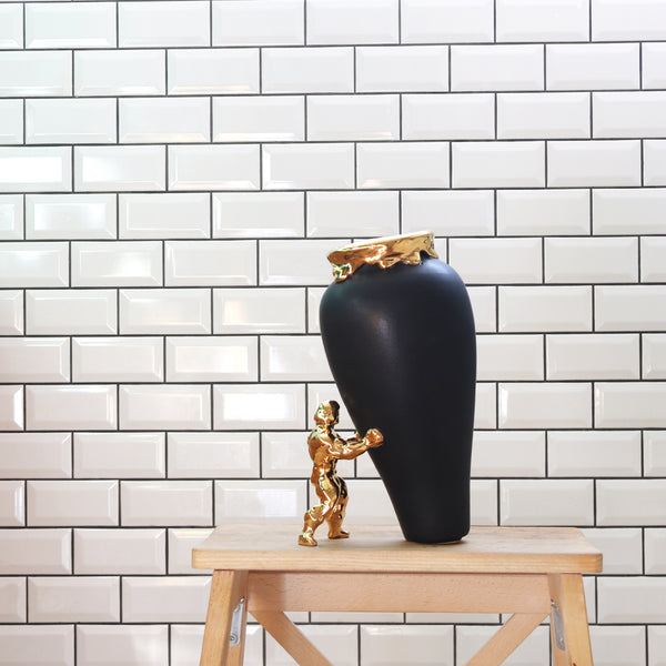 My Superhero Vase <br> Matte Black and 24 Carats Gold <br> (H 15) cm