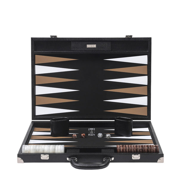 Jet Black Lizard <br> Backgammon Set with Handle <br> (L 52 x W 36) cm