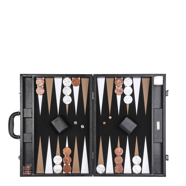 Jet Black Lizard <br> Backgammon Set with Handle <br> (L 52 x W 36) cm