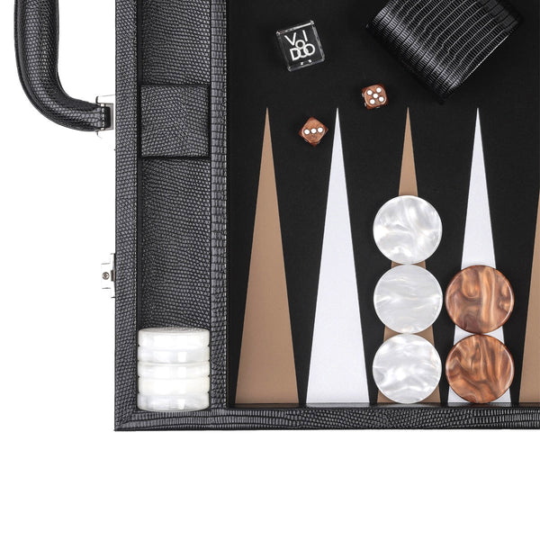 Jet Black Lizard <br> Backgammon Set with Handle <br> (L 52 x W 36) cm
