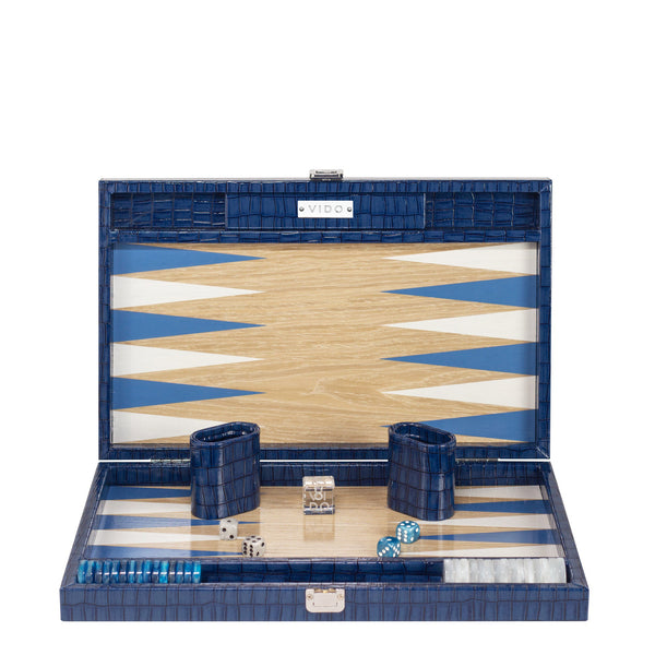 Navy-Blue Crocodile Wooden <br> Backgammon Set <br> (L 38 x W 24.5) cm