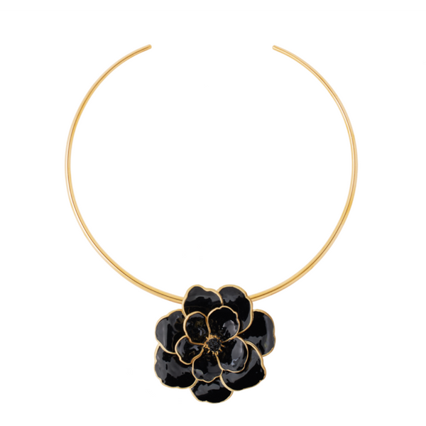 AN-O Torque Necklace with Peony Pendant <br>
Gold / Carbon Black