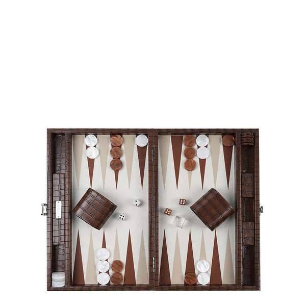 Patinated Brown Crocodile <br> Backgammon Set <br> (L 38 x W 24.5) cm