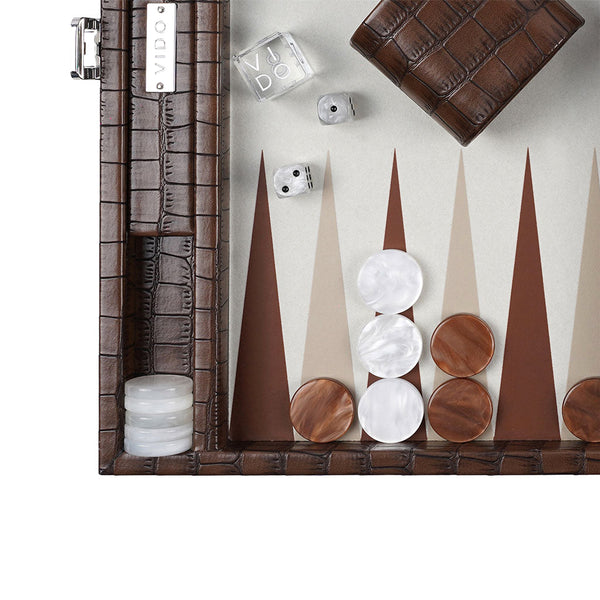 Patinated Brown Crocodile <br> Backgammon Set <br> (L 38 x W 24.5) cm