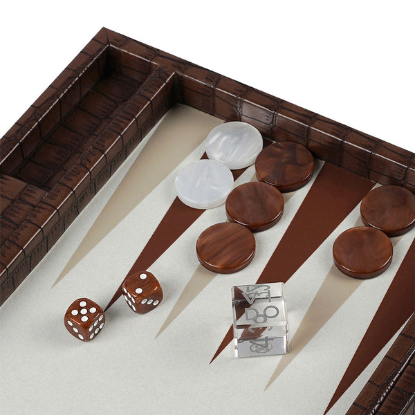 Patinated Brown Crocodile <br> Backgammon Set <br> (L 38 x W 24.5) cm