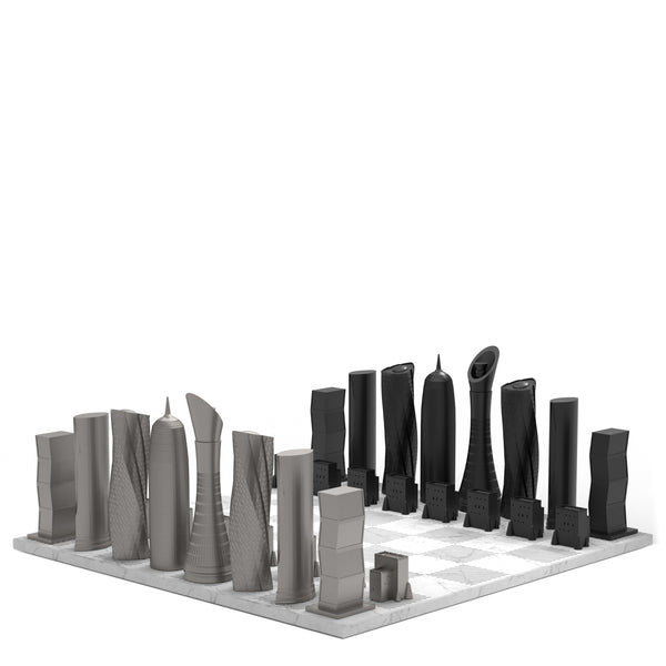 Chess Set <br> Stainless Steel Limited Edition <br> Doha Edition with Marble Geometric Geometric Print Board