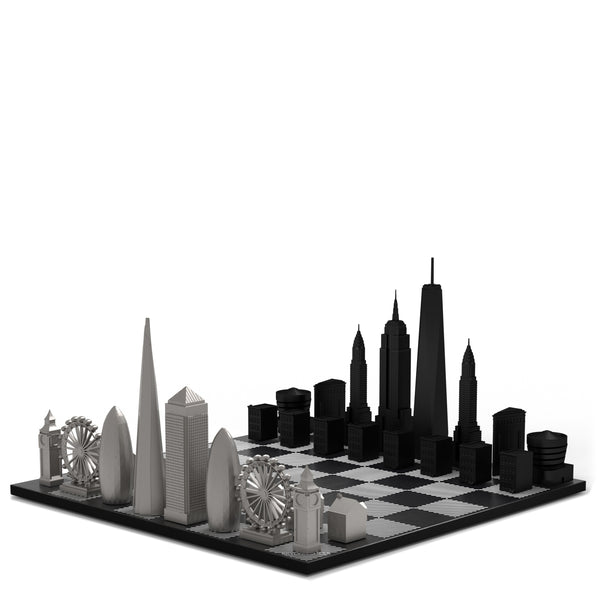 Chess Set <br> Stainless Steel Special Edition <br> New York vs London with Black & White Wooden Board