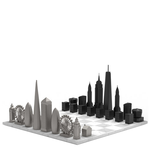 Chess Set <br> Stainless Steel Special Edition <br> New York vs London with Marble Hatch Board