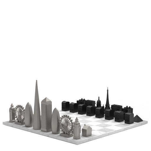 Chess Set <br> Stainless Steel Special Edition <br> Paris vs London with Marble Hatch Board