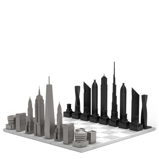 Chess Set <br> Stainless Steel Special Edition <br> Dubai vs New York with Marble Hatch Board