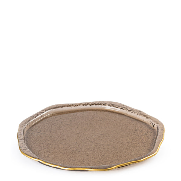 Round Flat Platter <br> Brown with Gold Rim <br> (Ø 40) cm