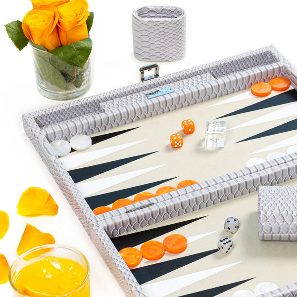 Cool Grey & Orange Snake <br> Backgammon Set <br> (L 38 x W 24.5) cm
