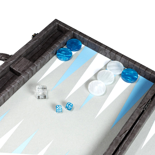 Anthracite Grey Alligator <br> Backgammon Set with Handle <br> (L 52 x W 36) cm