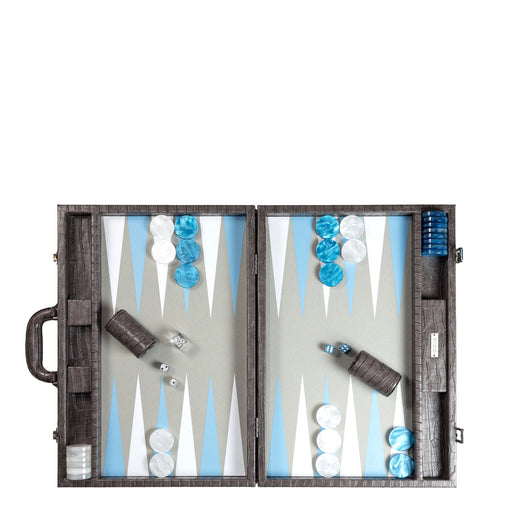 Anthracite Grey Alligator <br> Backgammon Set with Handle <br> (L 52 x W 36) cm