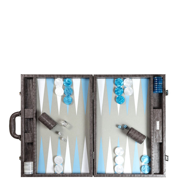 Anthracite Grey Alligator <br> Backgammon Set with Handle <br> (L 52 x W 36) cm
