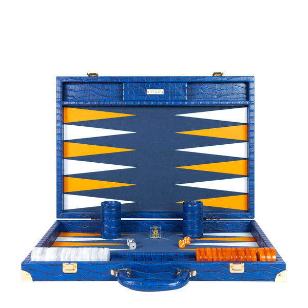 Navy Blue Alligator <br> Backgammon Set with Handle <br> (L 52 x W 36) cm