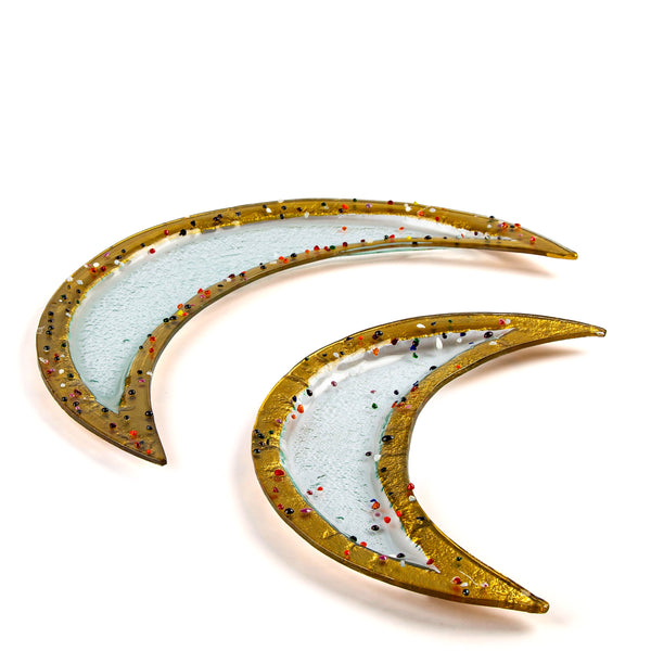 Moon Platter <br> Clear with Multicolor Dots and Gold Rim <br> Set of 2