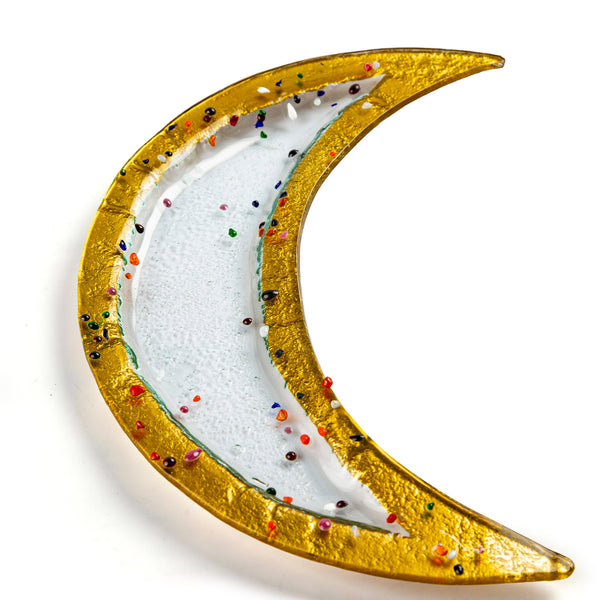Moon Platter <br> Clear with Multicolor Dots and Gold Rim <br> Set of 2
