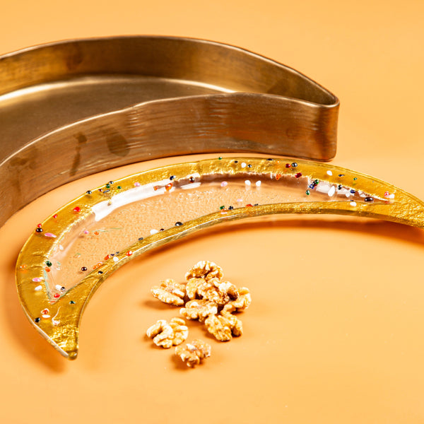 Moon Platter <br> Clear with Multicolor Dots and Gold Rim <br> Set of 2