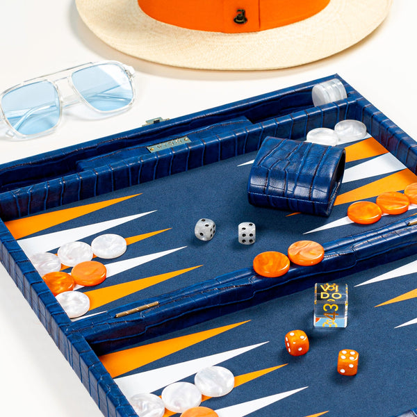 Navy Blue Alligator <br> Backgammon Set <br> (L 38 x W 24.5) cm