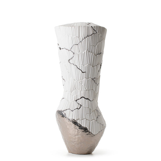 Anemos Mistral Vase <br> White with Platinum Cracks & Base <br> (L 25 x W 25 x H 59) cm