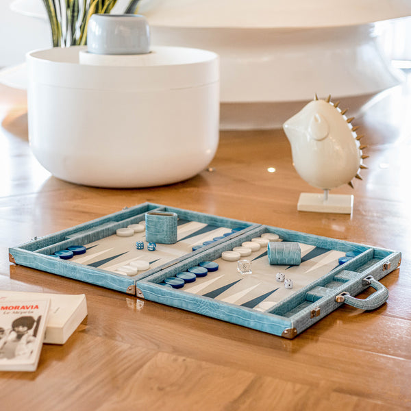 Blue Alligator
 <br> Backgammon Set with Handle <br> 
(L 52 x W 36) cm