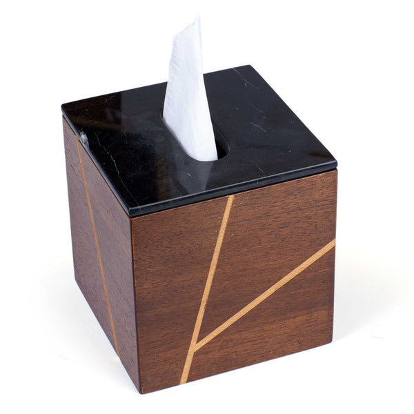 Square Wooden Tissue Box with Marble Top <br> Black <br> (L 14 x W 14 x H 15) cm