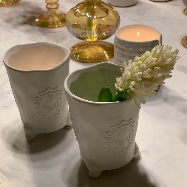 Candle Holder & Vase with Motif <br> Matt White <br> (D 7.5 x H 10) cm