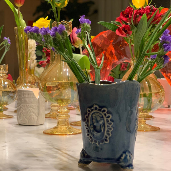 Candle Holder & Vase with Motif <br> Blue <br> (D 6.5 x H 8) cm