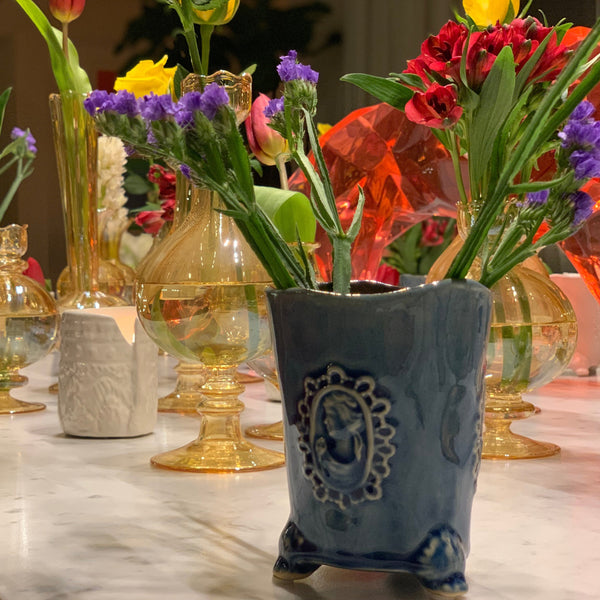 Candle Holder & Vase with Motif <br> Blue <br> (D 7.5 x H 10) cm