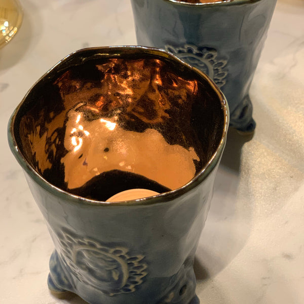 Candle Holder & Vase with Motif <br> Blue <br> (D 6.5 x H 8) cm