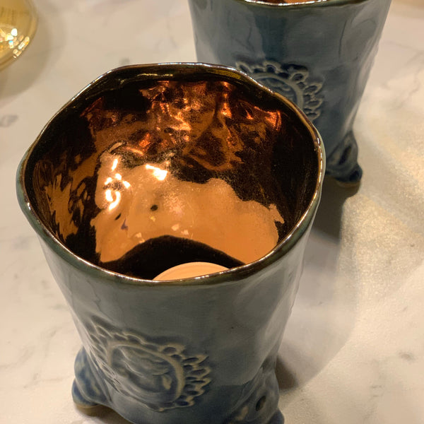 Candle Holder & Vase with Motif <br> Blue <br> (D 7.5 x H 10) cm
