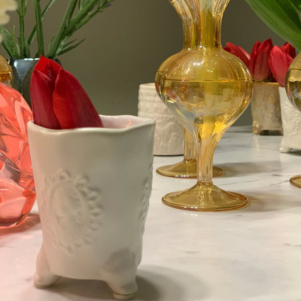 Candle Holder & Vase with Motif <br> Matt White <br> (D 6.5 x H 8) cm