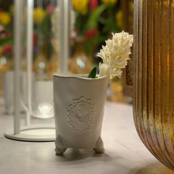 Candle Holder & Vase with Motif <br> Matt White <br> (D 6.5 x H 8) cm