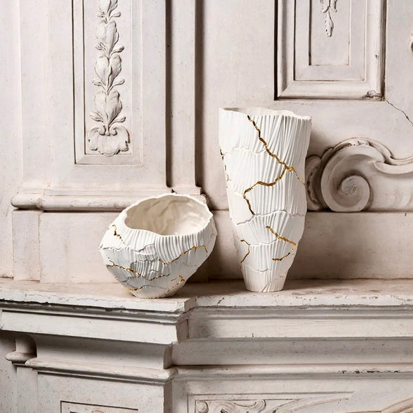 Anemos Meltemi Vase <br> White with Gold Cracks <br> (L 17 x W 17 x H 35) cm