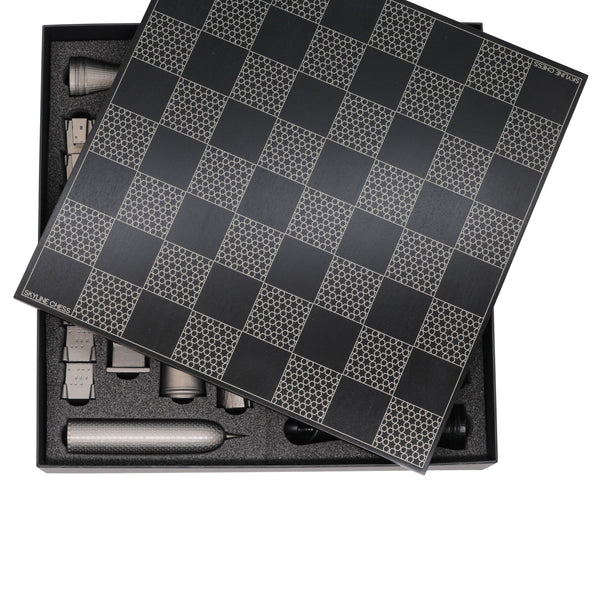 Chess Set <br> Stainless Steel Limited Edition <br> Doha Edition with Wooden Geometric Print Board