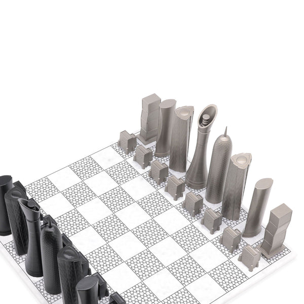 Chess Set <br> Stainless Steel Limited Edition <br> Doha Edition with Marble Geometric Geometric Print Board