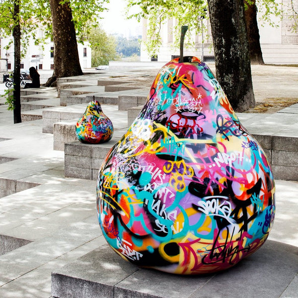 Pear Fiber-Resin Sculpture <br> Graffiti <br> (Ø 58 x H 60) cm